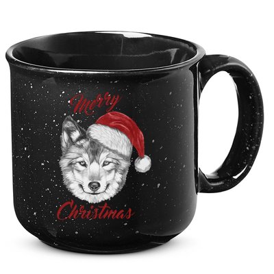 Merry Christmas Funny Wolf Face With Santa Hat Retro Xmas Gift 15oz Campfire Ceramic Mug