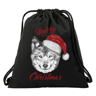 Merry Christmas Funny Wolf Face With Santa Hat Retro Xmas Gift Drawstring Bag