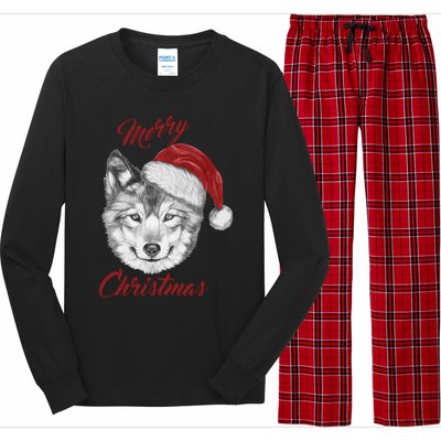 Merry Christmas Funny Wolf Face With Santa Hat Retro Xmas Gift Long Sleeve Pajama Set