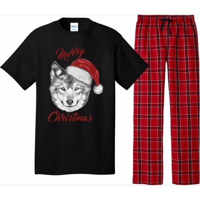 Merry Christmas Funny Wolf Face With Santa Hat Retro Xmas Gift Pajama Set