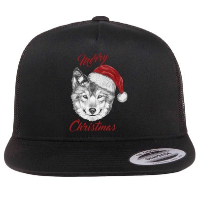 Merry Christmas Funny Wolf Face With Santa Hat Retro Xmas Gift Flatbill Hat