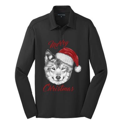 Merry Christmas Funny Wolf Face With Santa Hat Retro Xmas Gift Silk Touch Performance Long Sleeve Polo