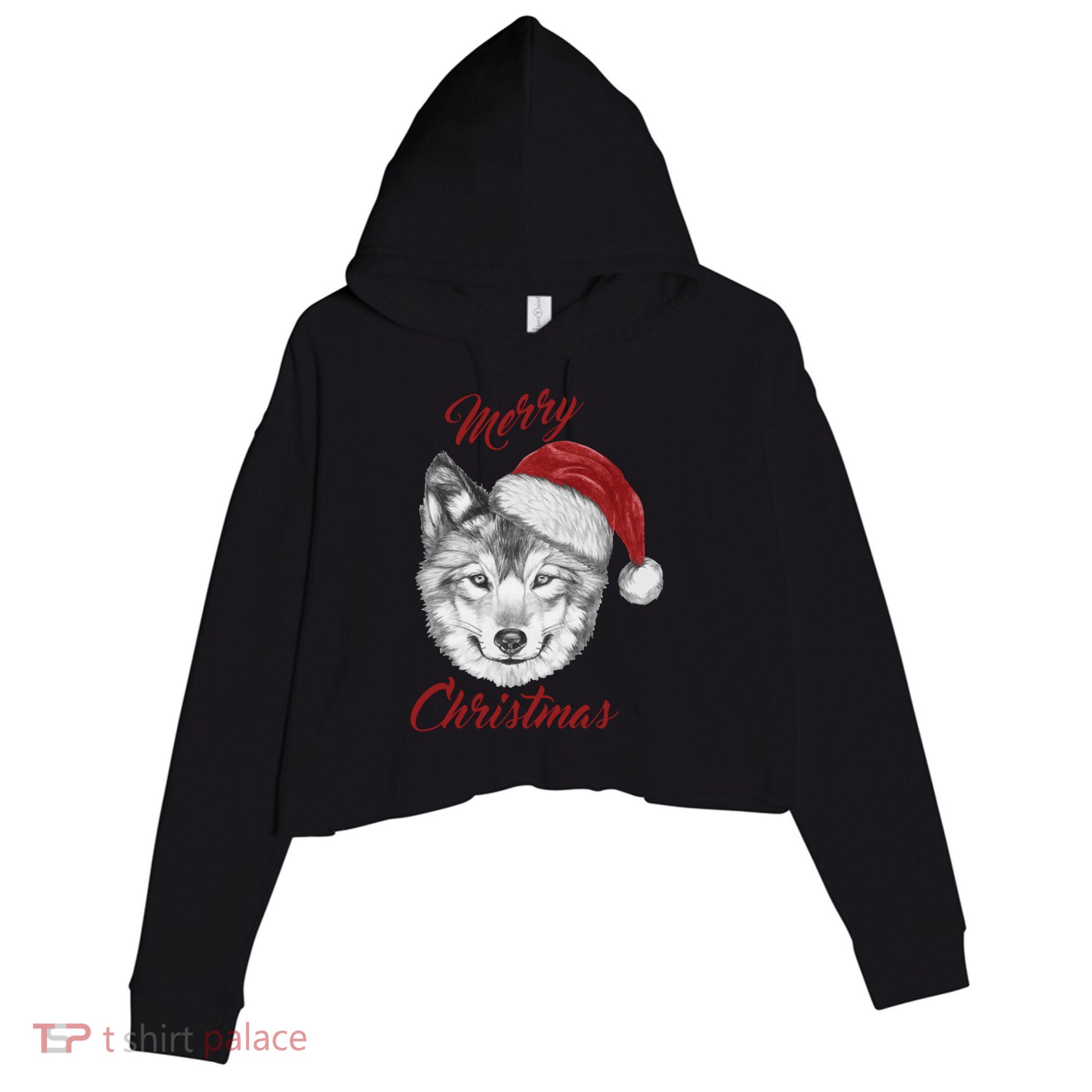 Merry Christmas Funny Wolf Face With Santa Hat Retro Xmas Gift Crop Fleece Hoodie