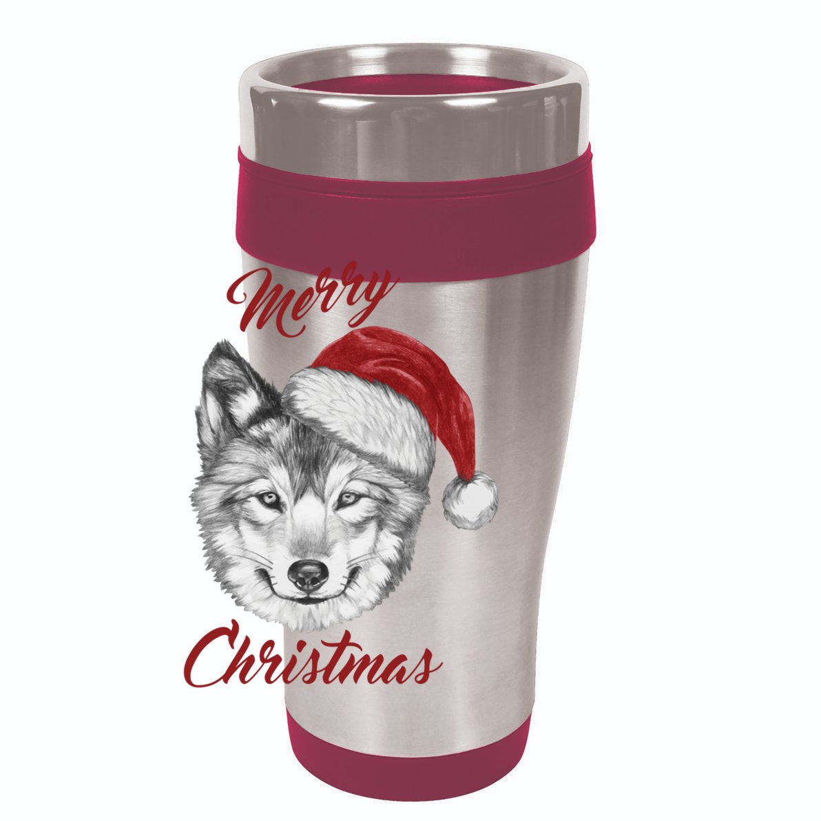 Merry Christmas Funny Wolf Face With Santa Hat Retro Xmas Gift 12oz Stainless Steel Coffee Mug