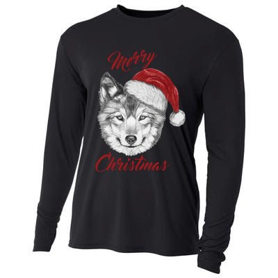 Merry Christmas Funny Wolf Face With Santa Hat Retro Xmas Gift Cooling Performance Long Sleeve Crew