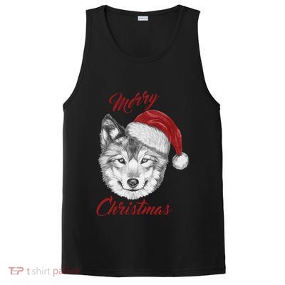 Merry Christmas Funny Wolf Face With Santa Hat Retro Xmas Gift PosiCharge Competitor Tank