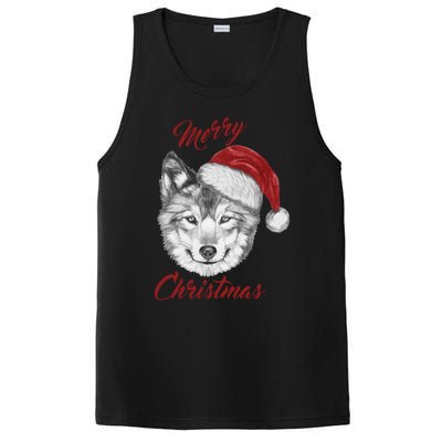 Merry Christmas Funny Wolf Face With Santa Hat Retro Xmas Gift PosiCharge Competitor Tank