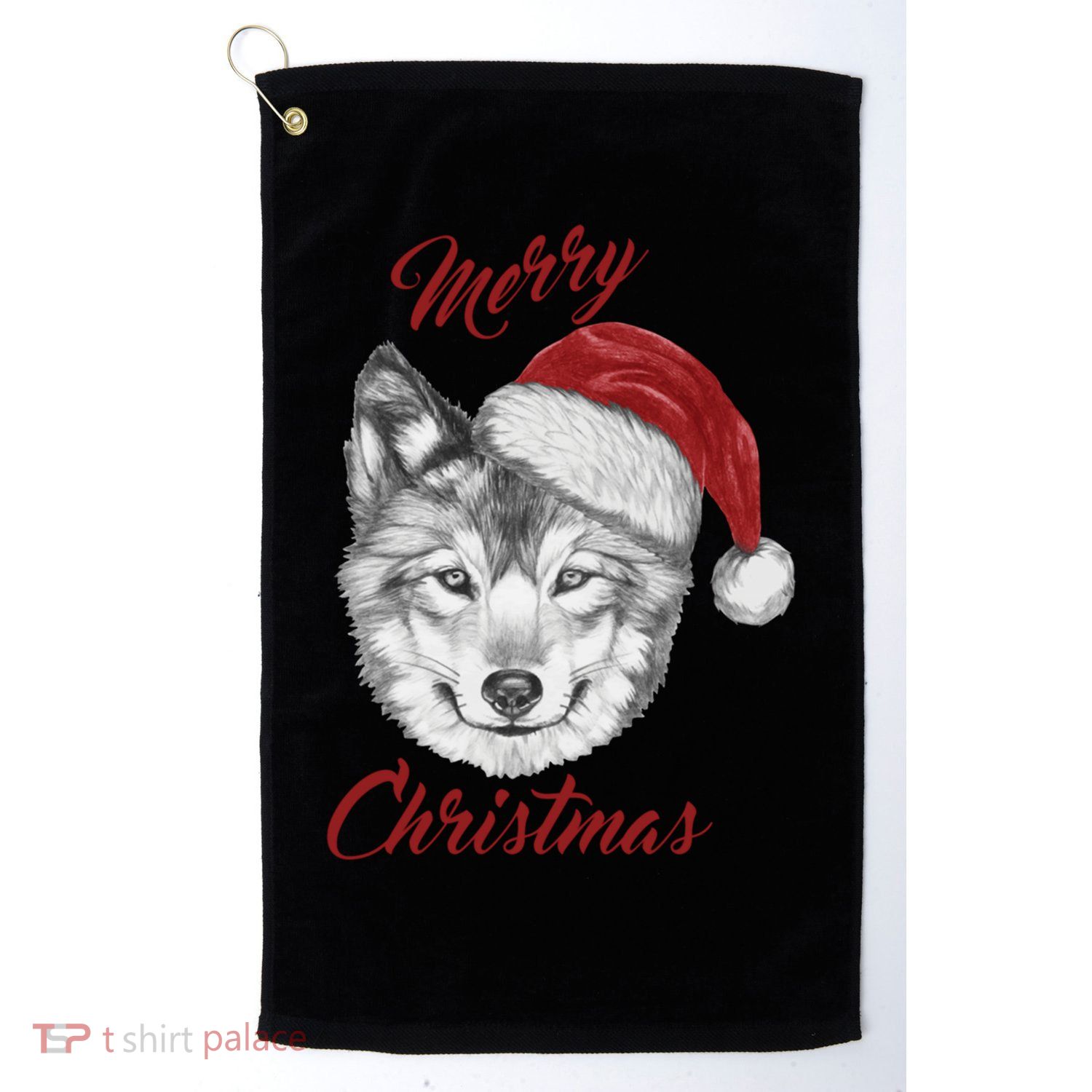 Merry Christmas Funny Wolf Face With Santa Hat Retro Xmas Gift Golf Towel