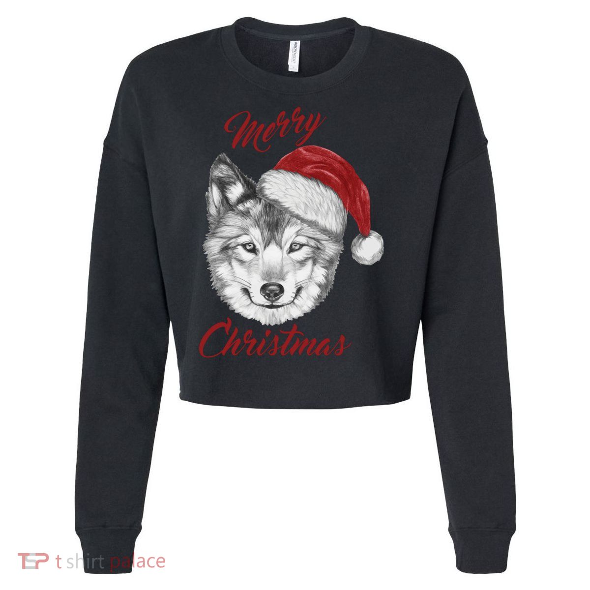 Merry Christmas Funny Wolf Face With Santa Hat Retro Xmas Gift Cropped Pullover Crew