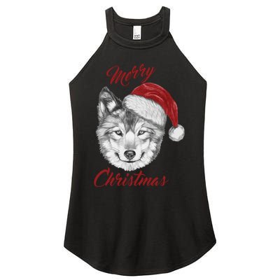Merry Christmas Funny Wolf Face With Santa Hat Retro Xmas Gift Women's Perfect Tri Rocker Tank
