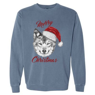 Merry Christmas Funny Wolf Face With Santa Hat Retro Xmas Gift Garment-Dyed Sweatshirt