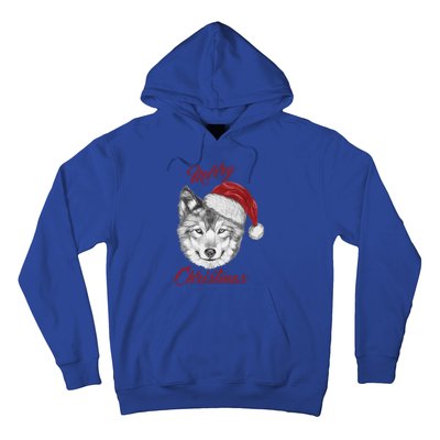 Merry Christmas Funny Wolf Face With Santa Hat Retro Xmas Gift Hoodie