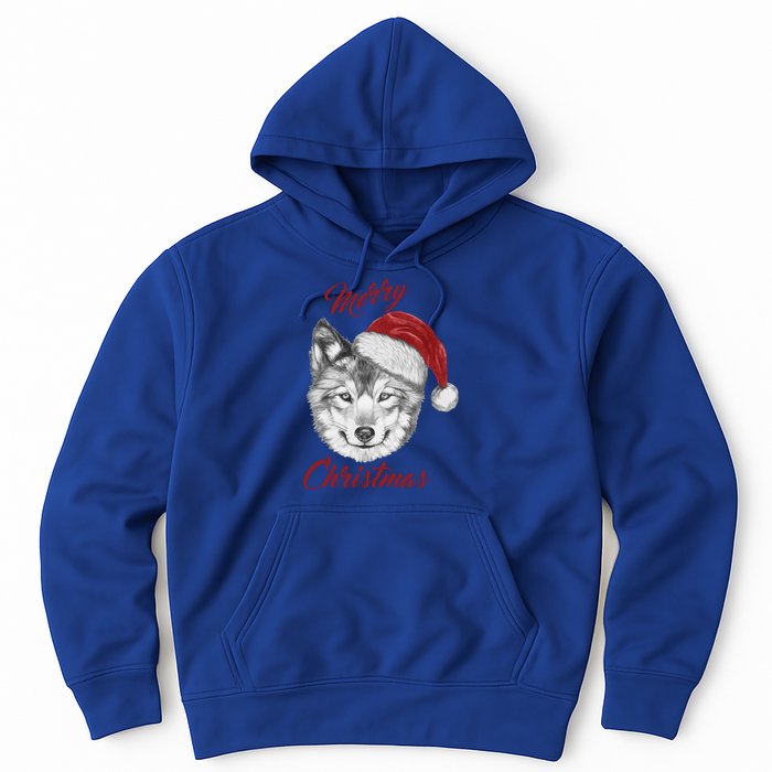 Merry Christmas Funny Wolf Face With Santa Hat Retro Xmas Gift Hoodie