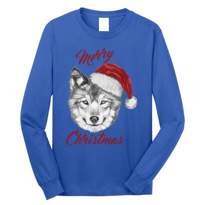 Merry Christmas Funny Wolf Face With Santa Hat Retro Xmas Gift Long Sleeve Shirt