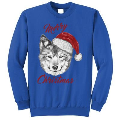 Merry Christmas Funny Wolf Face With Santa Hat Retro Xmas Gift Sweatshirt