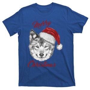 Merry Christmas Funny Wolf Face With Santa Hat Retro Xmas Gift T-Shirt