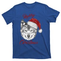 Merry Christmas Funny Wolf Face With Santa Hat Retro Xmas Gift T-Shirt