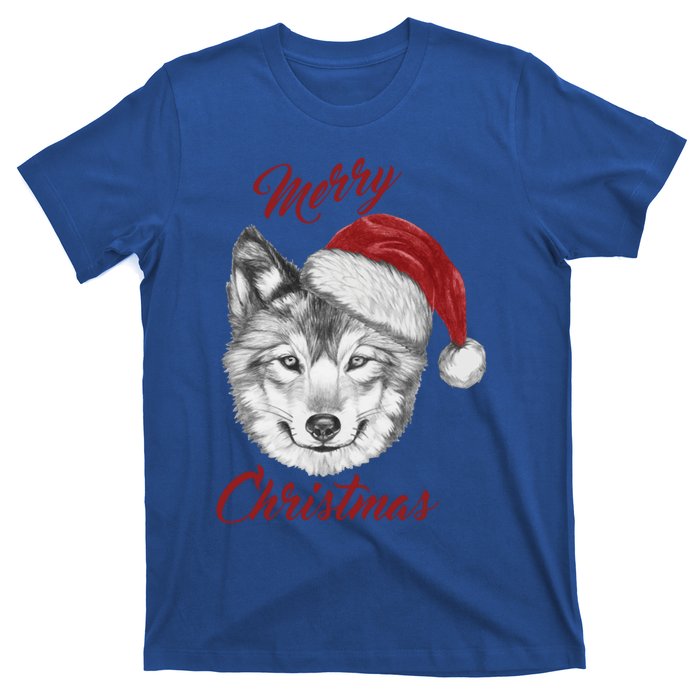 Merry Christmas Funny Wolf Face With Santa Hat Retro Xmas Gift T-Shirt