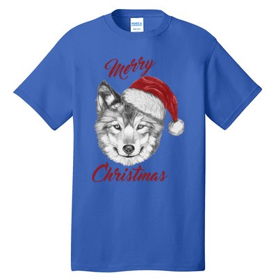 Merry Christmas Funny Wolf Face With Santa Hat Retro Xmas Gift Tall T-Shirt