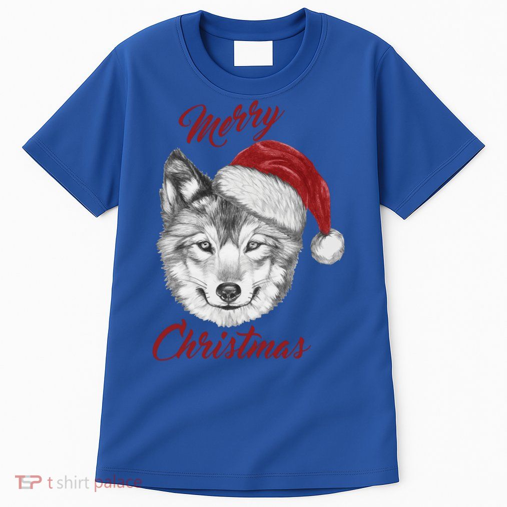 Merry Christmas Funny Wolf Face With Santa Hat Retro Xmas Gift Tall T-Shirt
