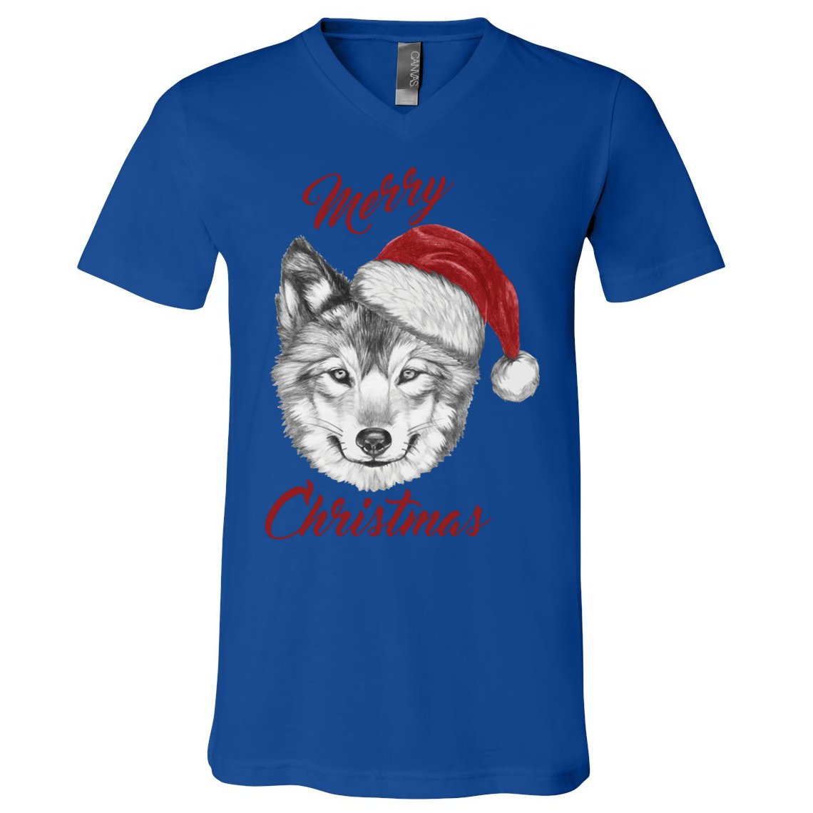 Merry Christmas Funny Wolf Face With Santa Hat Retro Xmas Gift V-Neck T-Shirt