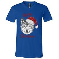 Merry Christmas Funny Wolf Face With Santa Hat Retro Xmas Gift V-Neck T-Shirt