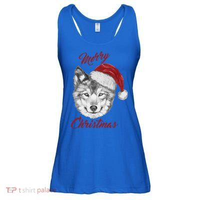 Merry Christmas Funny Wolf Face With Santa Hat Retro Xmas Gift Ladies Essential Flowy Tank
