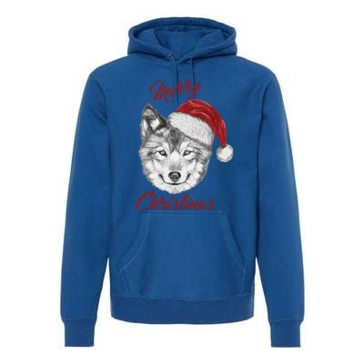 Merry Christmas Funny Wolf Face With Santa Hat Retro Xmas Gift Premium Hoodie