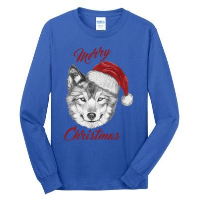 Merry Christmas Funny Wolf Face With Santa Hat Retro Xmas Gift Tall Long Sleeve T-Shirt