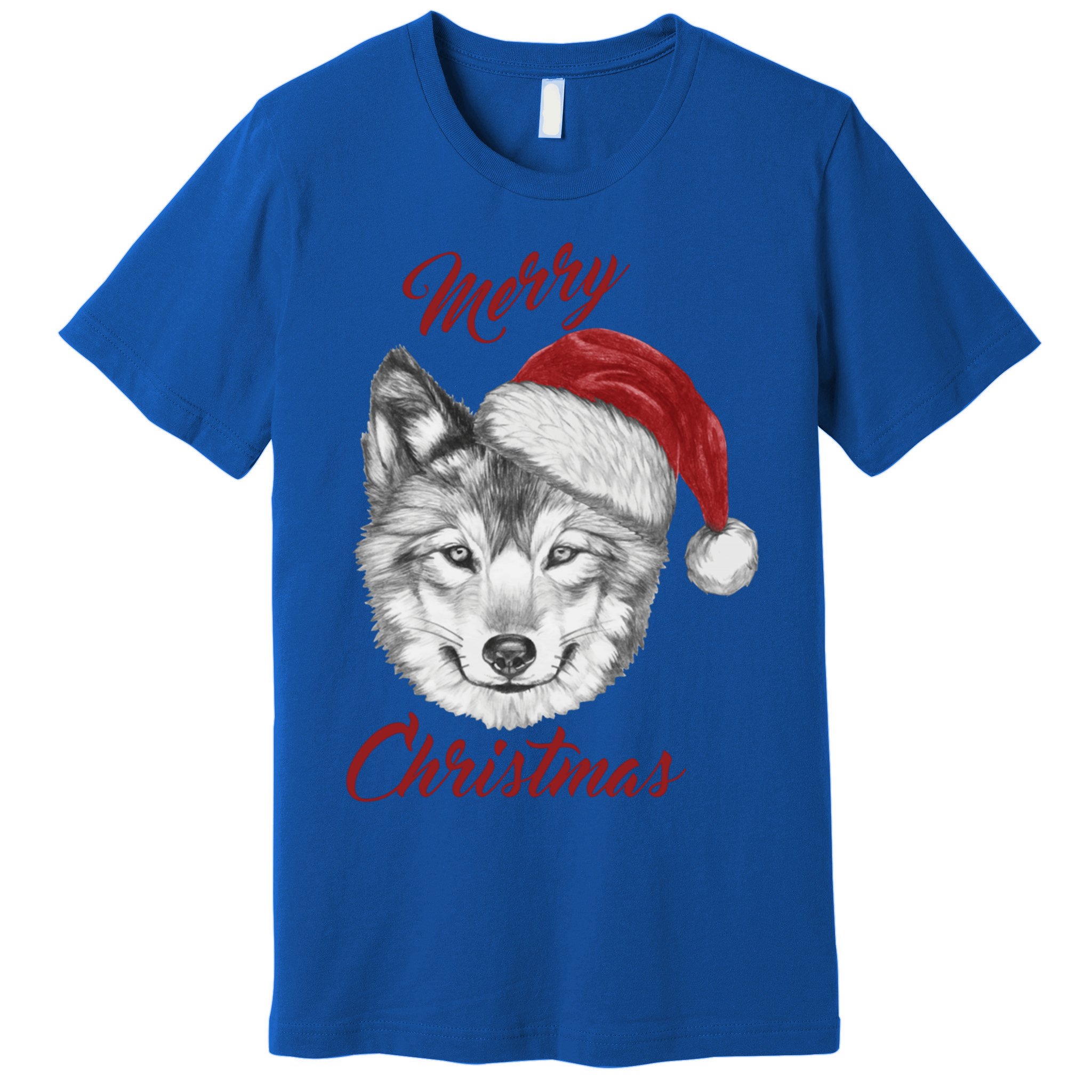 Merry Christmas Funny Wolf Face With Santa Hat Retro Xmas Gift Premium T-Shirt