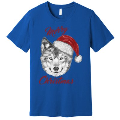 Merry Christmas Funny Wolf Face With Santa Hat Retro Xmas Gift Premium T-Shirt