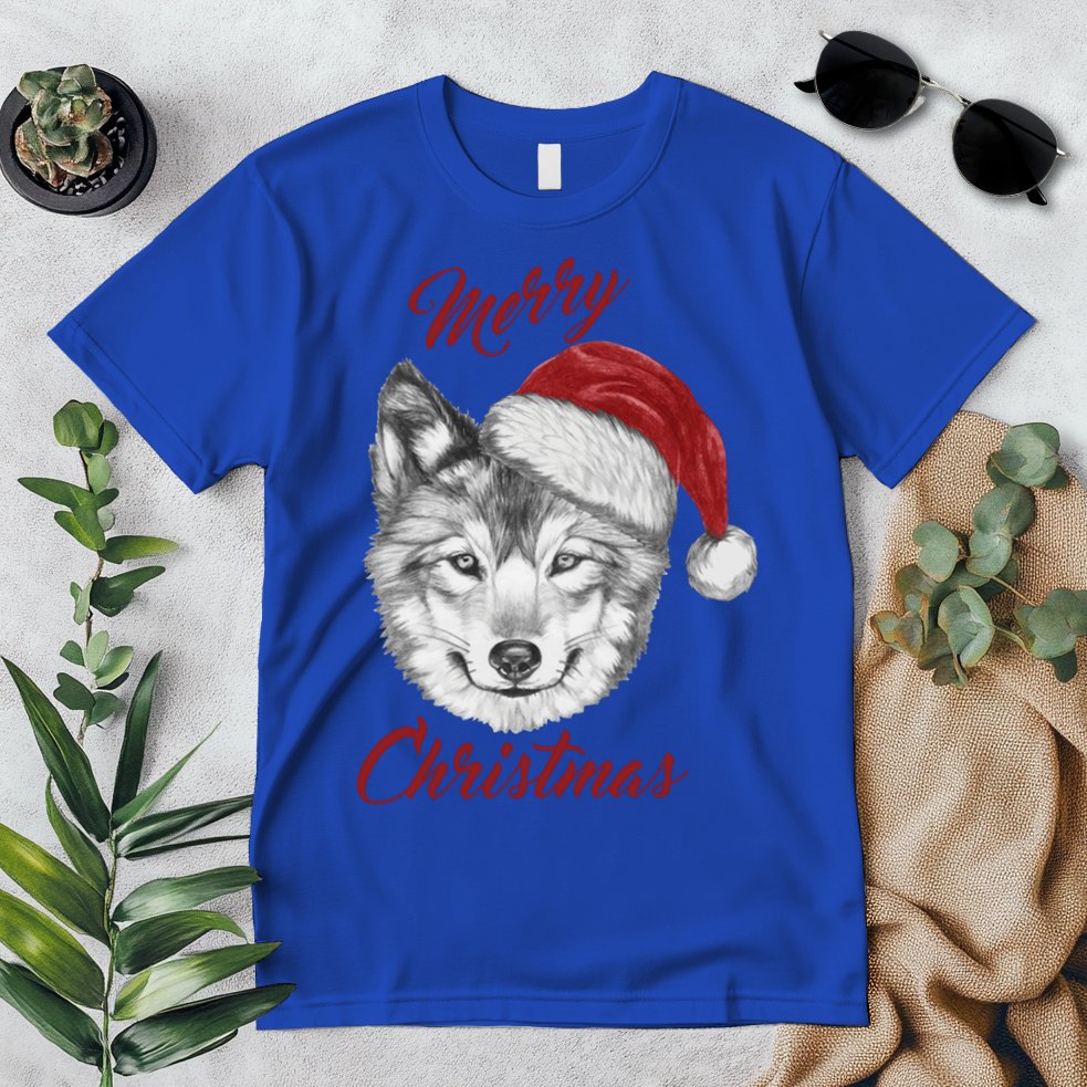 Merry Christmas Funny Wolf Face With Santa Hat Retro Xmas Gift Premium T-Shirt