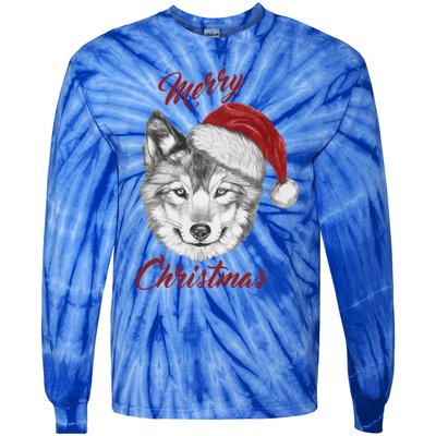 Merry Christmas Funny Wolf Face With Santa Hat Retro Xmas Gift Tie-Dye Long Sleeve Shirt