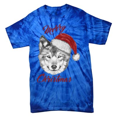 Merry Christmas Funny Wolf Face With Santa Hat Retro Xmas Gift Tie-Dye T-Shirt