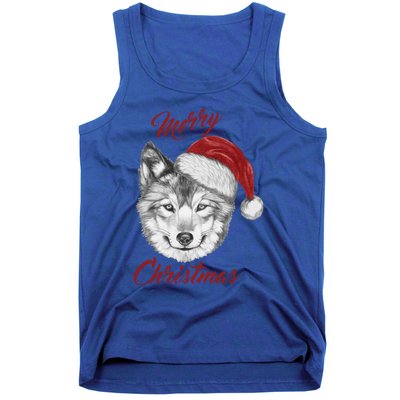 Merry Christmas Funny Wolf Face With Santa Hat Retro Xmas Gift Tank Top