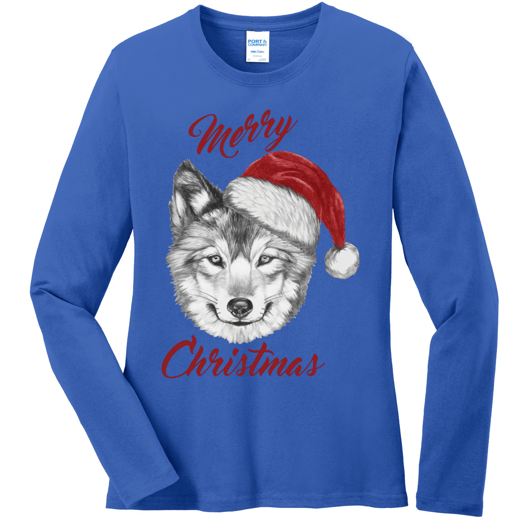 Merry Christmas Funny Wolf Face With Santa Hat Retro Xmas Gift Ladies Long Sleeve Shirt