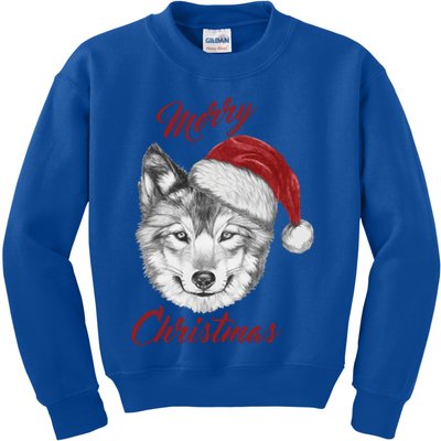 Merry Christmas Funny Wolf Face With Santa Hat Retro Xmas Gift Kids Sweatshirt