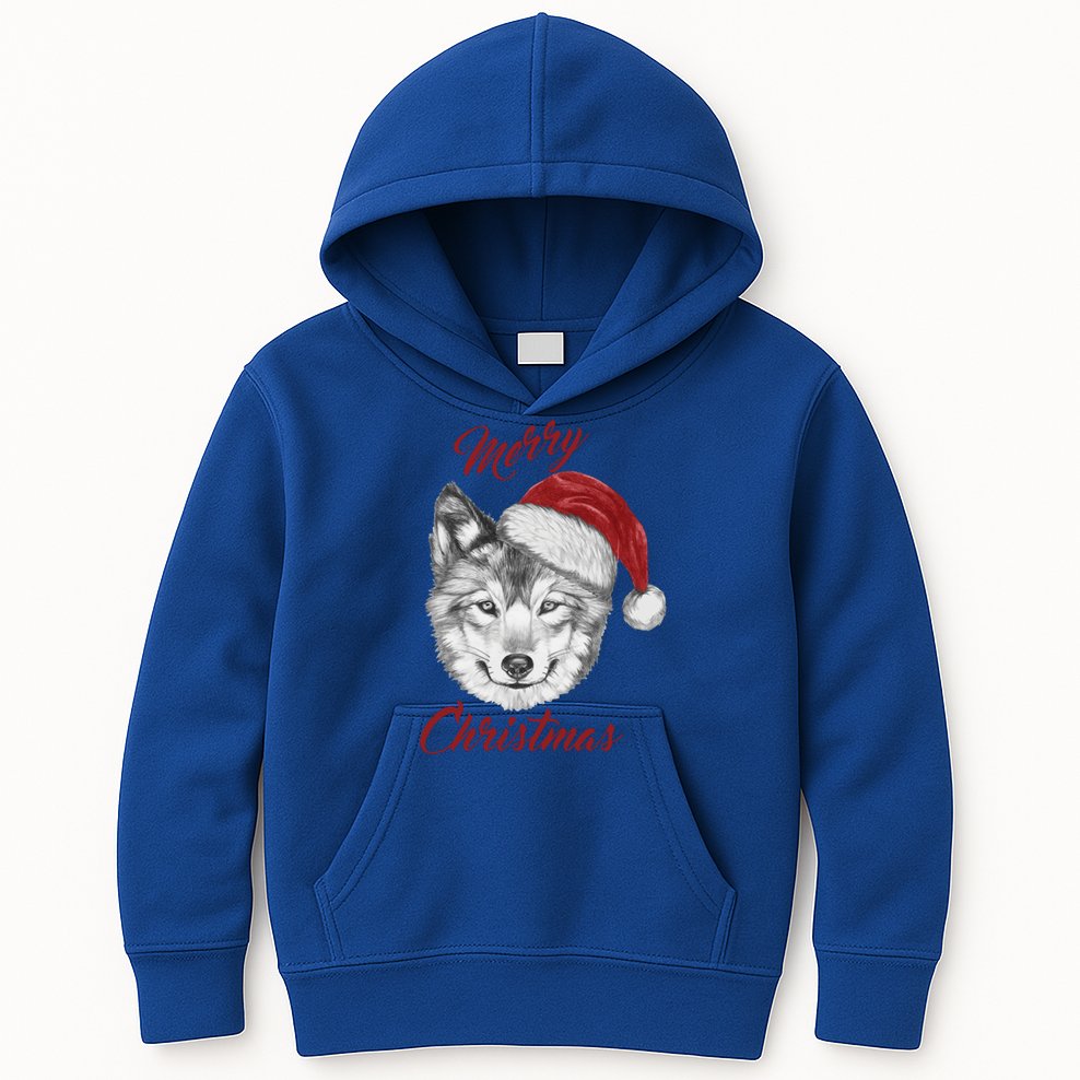 Merry Christmas Funny Wolf Face With Santa Hat Retro Xmas Gift Kids Hoodie