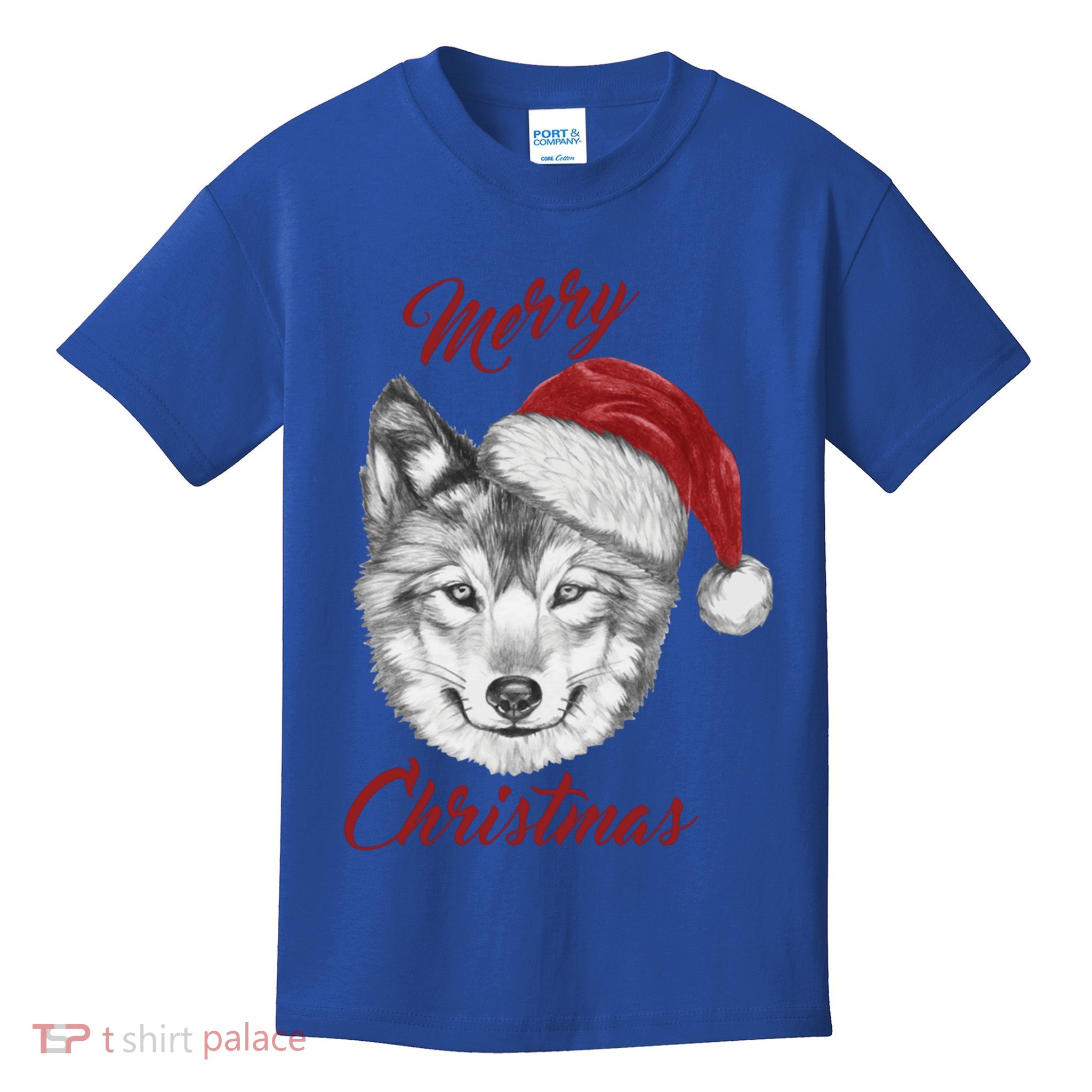 Merry Christmas Funny Wolf Face With Santa Hat Retro Xmas Gift Kids T-Shirt