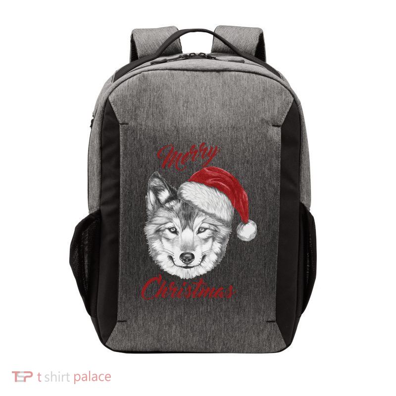 Merry Christmas Funny Wolf Face With Santa Hat Retro Xmas Gift Vector Backpack