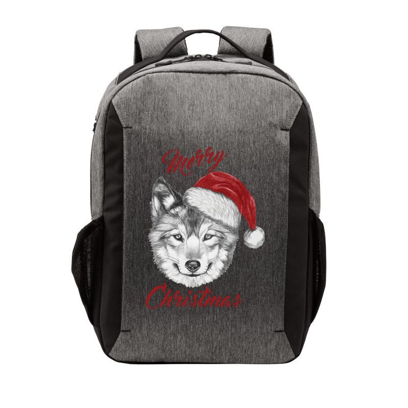 Merry Christmas Funny Wolf Face With Santa Hat Retro Xmas Gift Vector Backpack