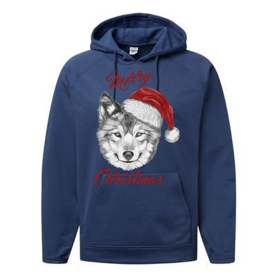 Merry Christmas Funny Wolf Face With Santa Hat Retro Xmas Gift Performance Fleece Hoodie