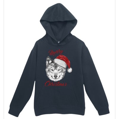 Merry Christmas Funny Wolf Face With Santa Hat Retro Xmas Gift Urban Pullover Hoodie