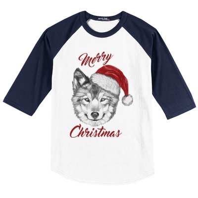 Merry Christmas Funny Wolf Face With Santa Hat Retro Xmas Gift Baseball Sleeve Shirt