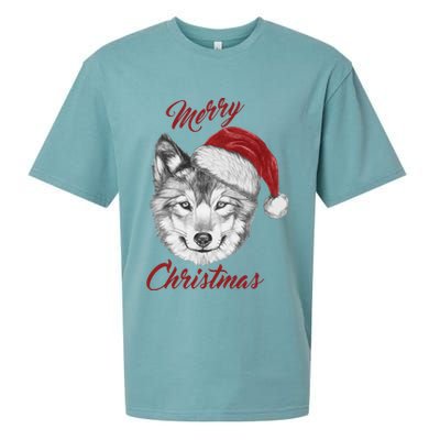 Merry Christmas Funny Wolf Face With Santa Hat Retro Xmas Gift Sueded Cloud Jersey T-Shirt
