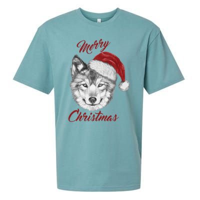 Merry Christmas Funny Wolf Face With Santa Hat Retro Xmas Gift Sueded Cloud Jersey T-Shirt