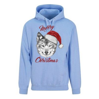 Merry Christmas Funny Wolf Face With Santa Hat Retro Xmas Gift Unisex Surf Hoodie