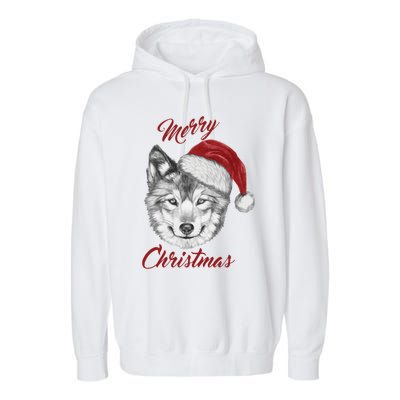 Merry Christmas Funny Wolf Face With Santa Hat Retro Xmas Gift Garment-Dyed Fleece Hoodie