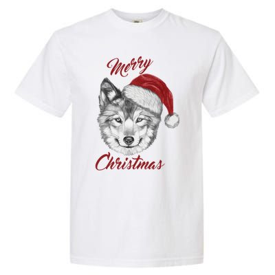 Merry Christmas Funny Wolf Face With Santa Hat Retro Xmas Gift Garment-Dyed Heavyweight T-Shirt