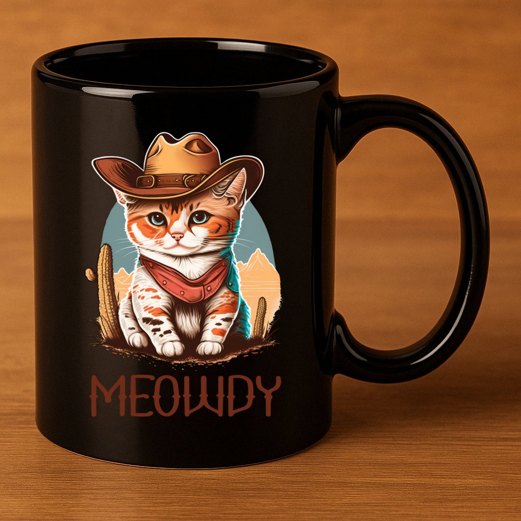 Meowdy Cat Funny Howdy Meme Western Cowboy Kitten 11oz C Handle Ceramic Mug
